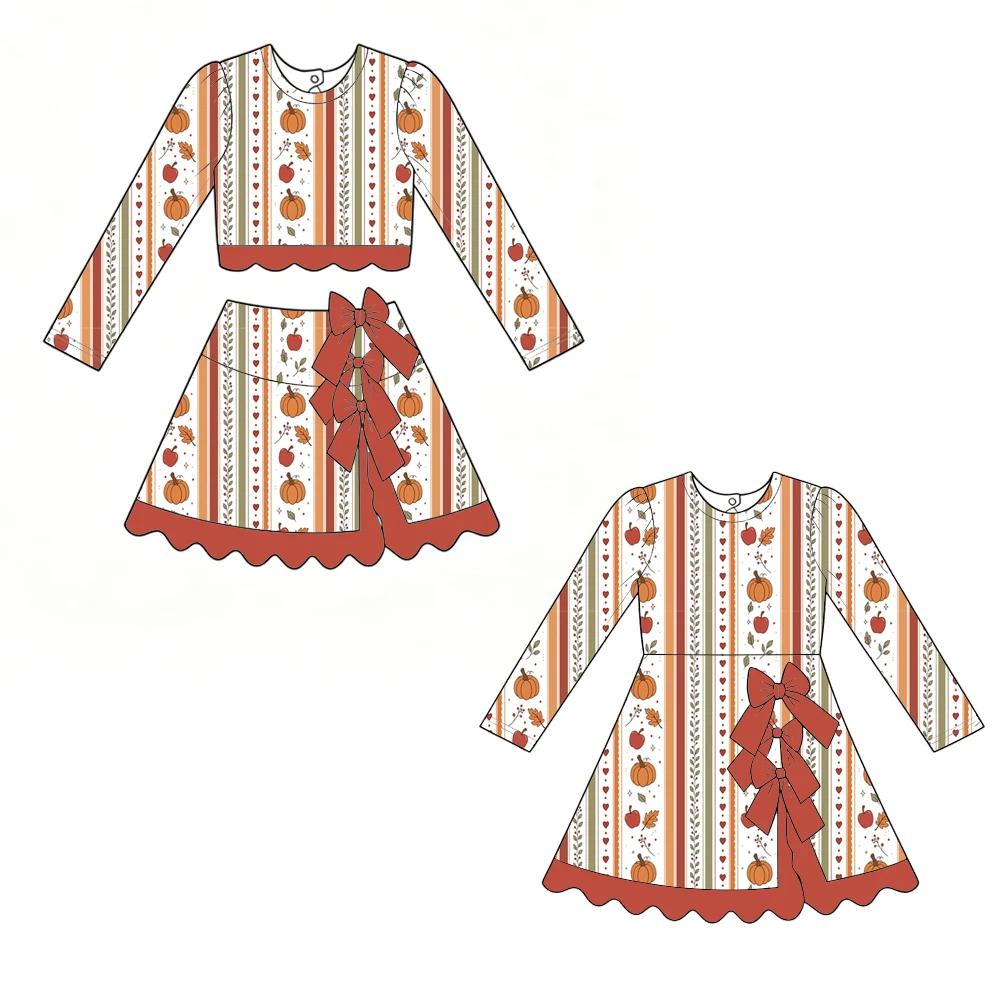 Boutique kid's Girls' set and dress Round neck Long-sleeved top paired short skirt Bow decoration Thanksgiving Pumpkin prints