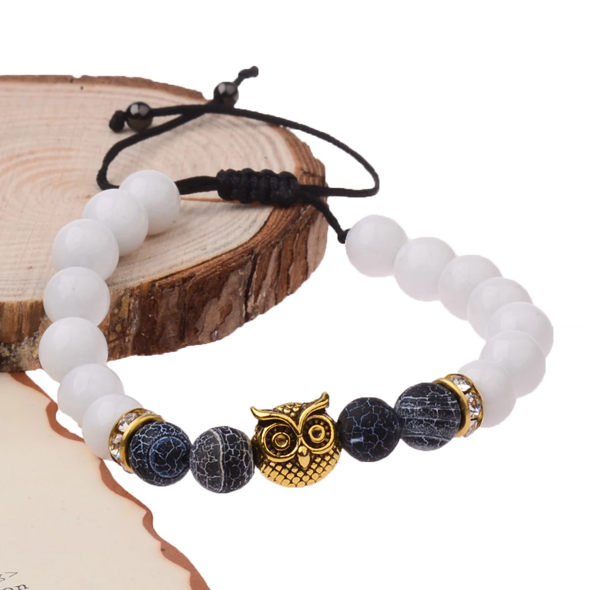 Natural Stone Beads Braied Bracelet Small Round Hematite Bracelet for Women Men Handmade Owl Beads Bracelet Yoga Jewelry