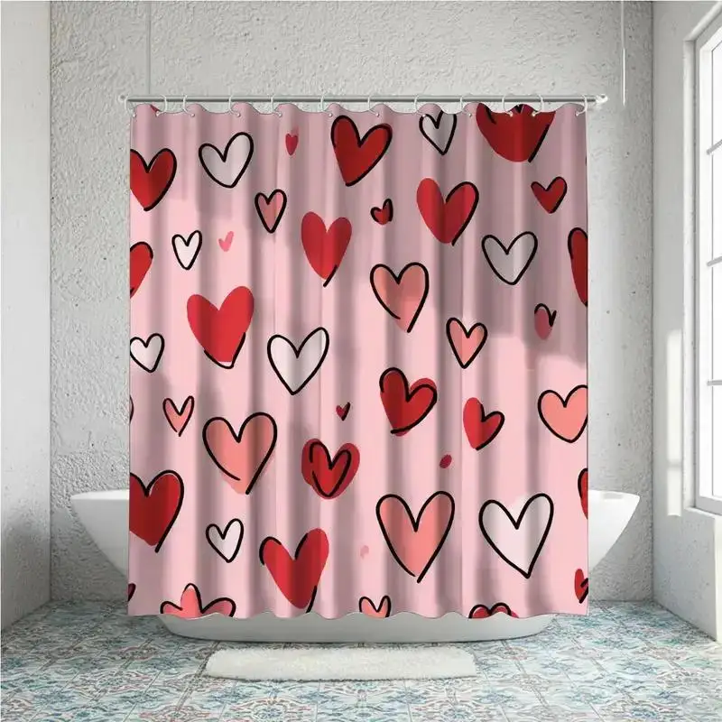 

1шт. Милая розовая занавеска для душа с сердечным узором, изготовленная из полиэфирной ткани, можно стирать в машине, подходит для украшения ванной комнаты.