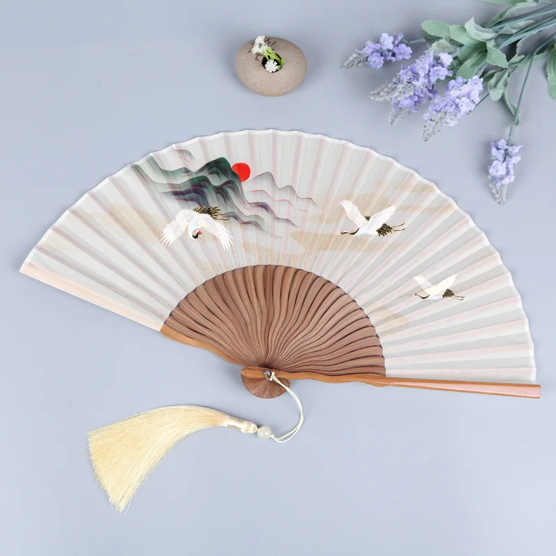 

6 inch crane silk folding fan for women portable Chinoiserie style female fan craftsmanship female fan antique style