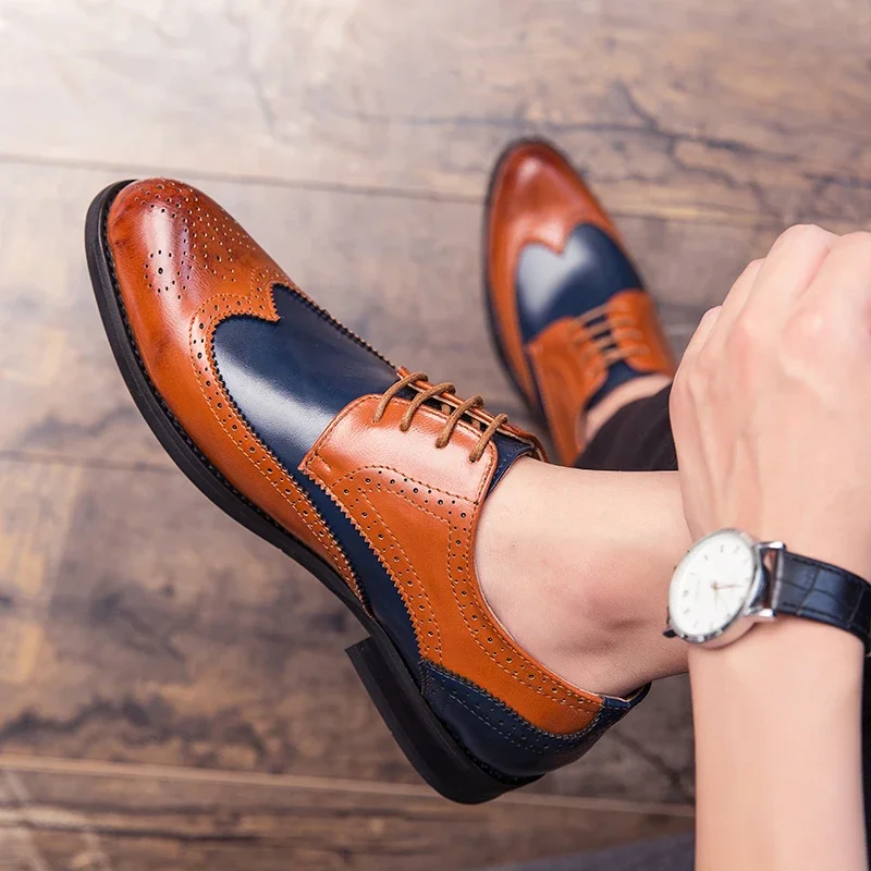 Brown Men\'s Formal Business Shoes Italian Brand Brogue Color Matching Oxford Dress Leather Shoes Men Fashion Wedding Party Shoes