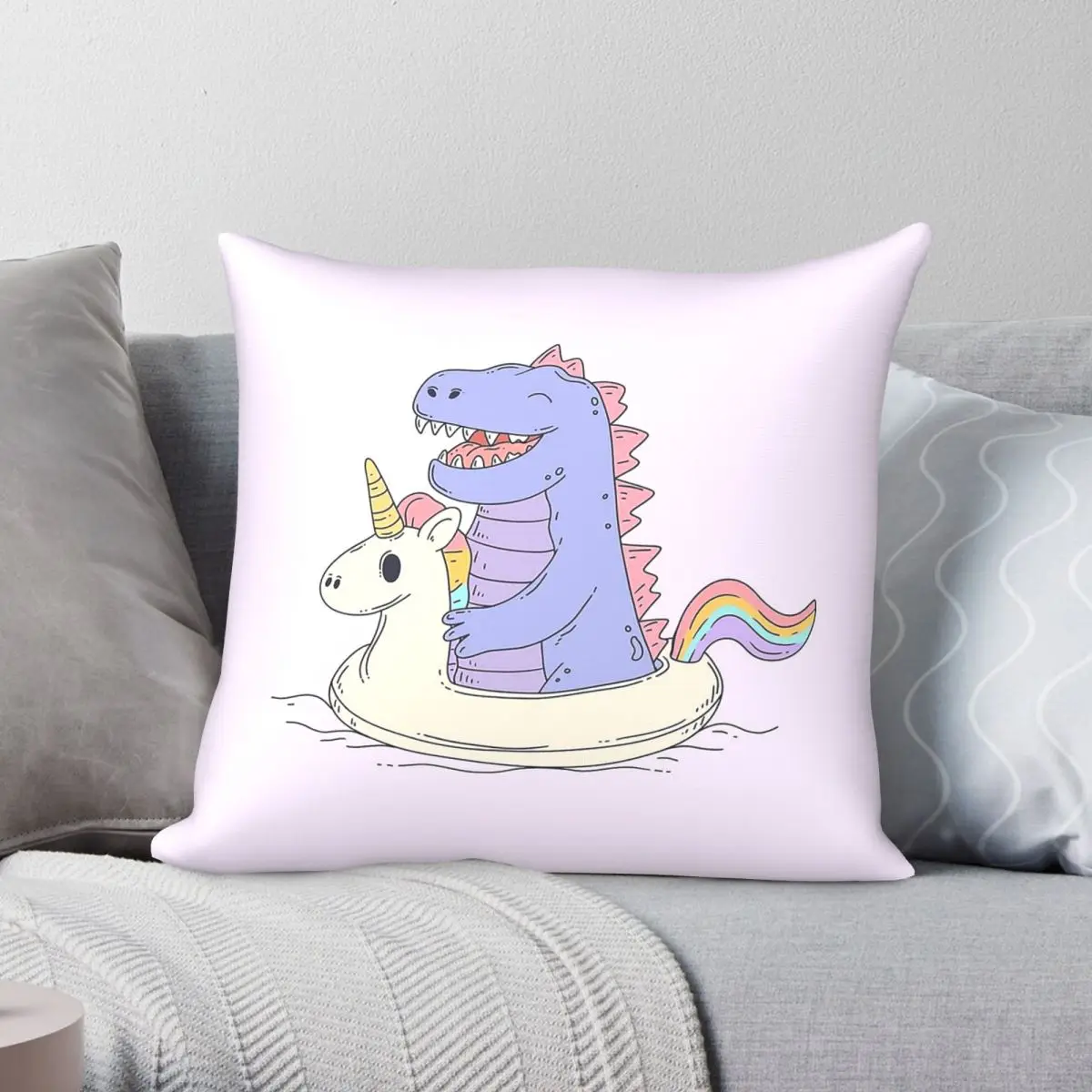 Dinosaur In Rainbow Unicorn Floatie Square Pillowcase Polyester Linen Velvet Printed Decorative Sofa Seater Cushion Cover 18