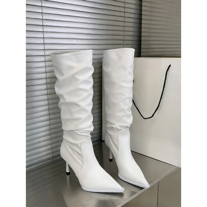 Lange Stiefel 2025, Herbst und Winter, spitze Florstiefel, dünner Absatz, schwarze lange Röhrenstiefel, Damen-Hohe Röhrenstiefel, Ritterstiefel