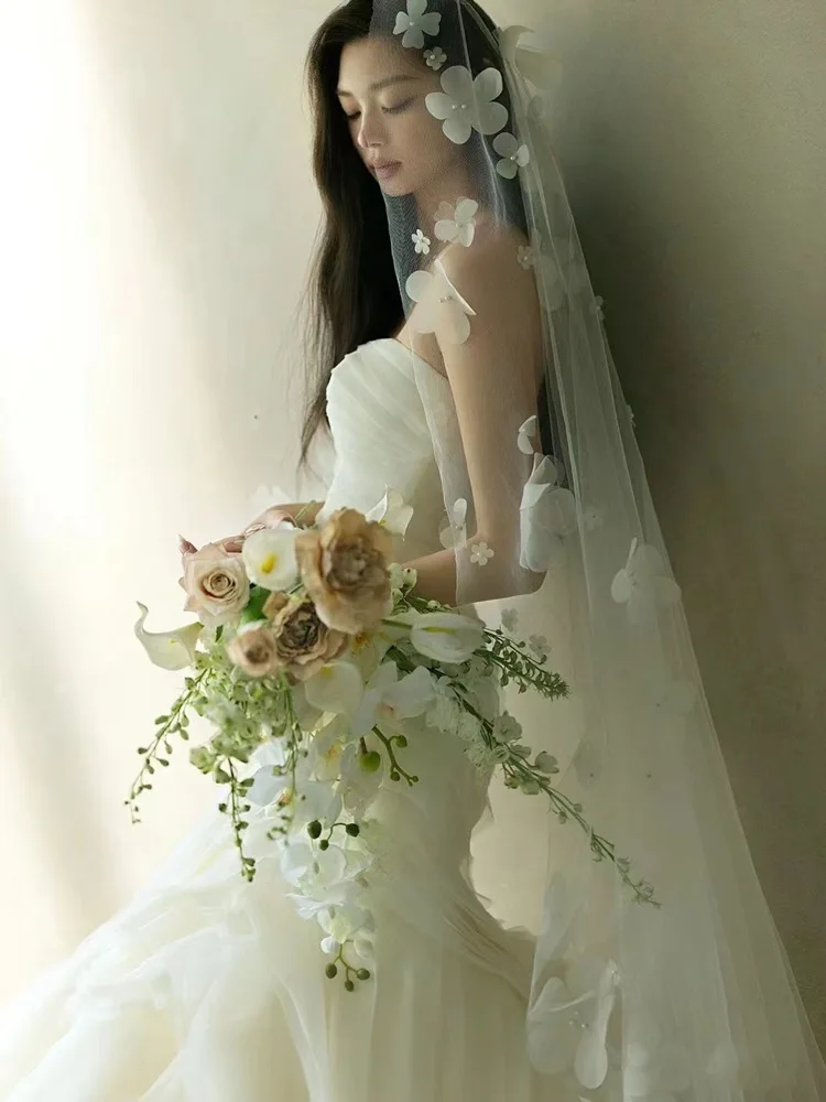 3D Flower Pearls Cathedral Wedding Veils Long  Bridal Veil Wedding Accessories 3 Meters Wide 3 Meters Long