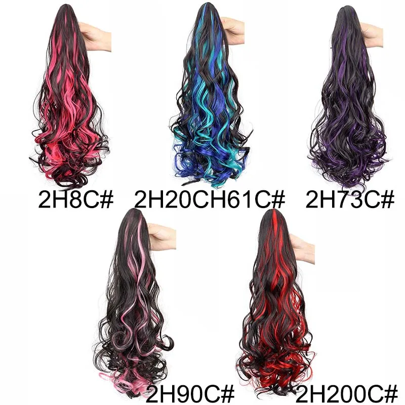 WIGSIN 20Inch Synthetic Long Curly Highlights Wave Colorfull Ponytail Claw Clip in Hair Extension Fluffy Hairpiece for Women