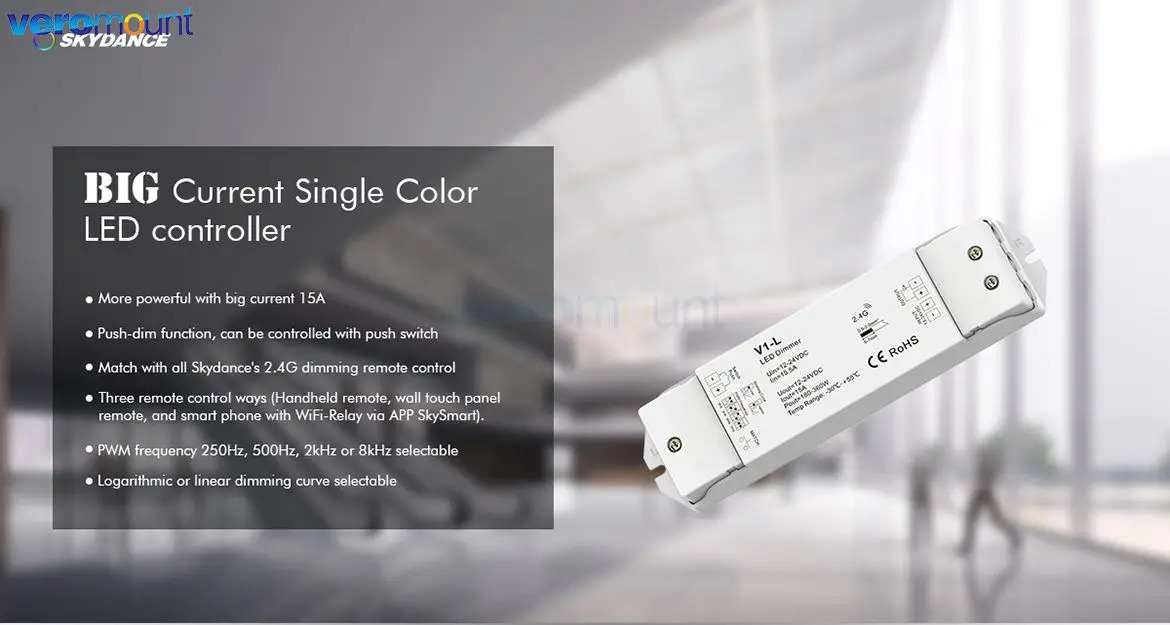 Skydance V1-L LED Dimmer 12V 24V DC 1CH 15A PWM 2.4G RF Wireless Smart Single Color LED Strip Light Dimmer Controller Switch