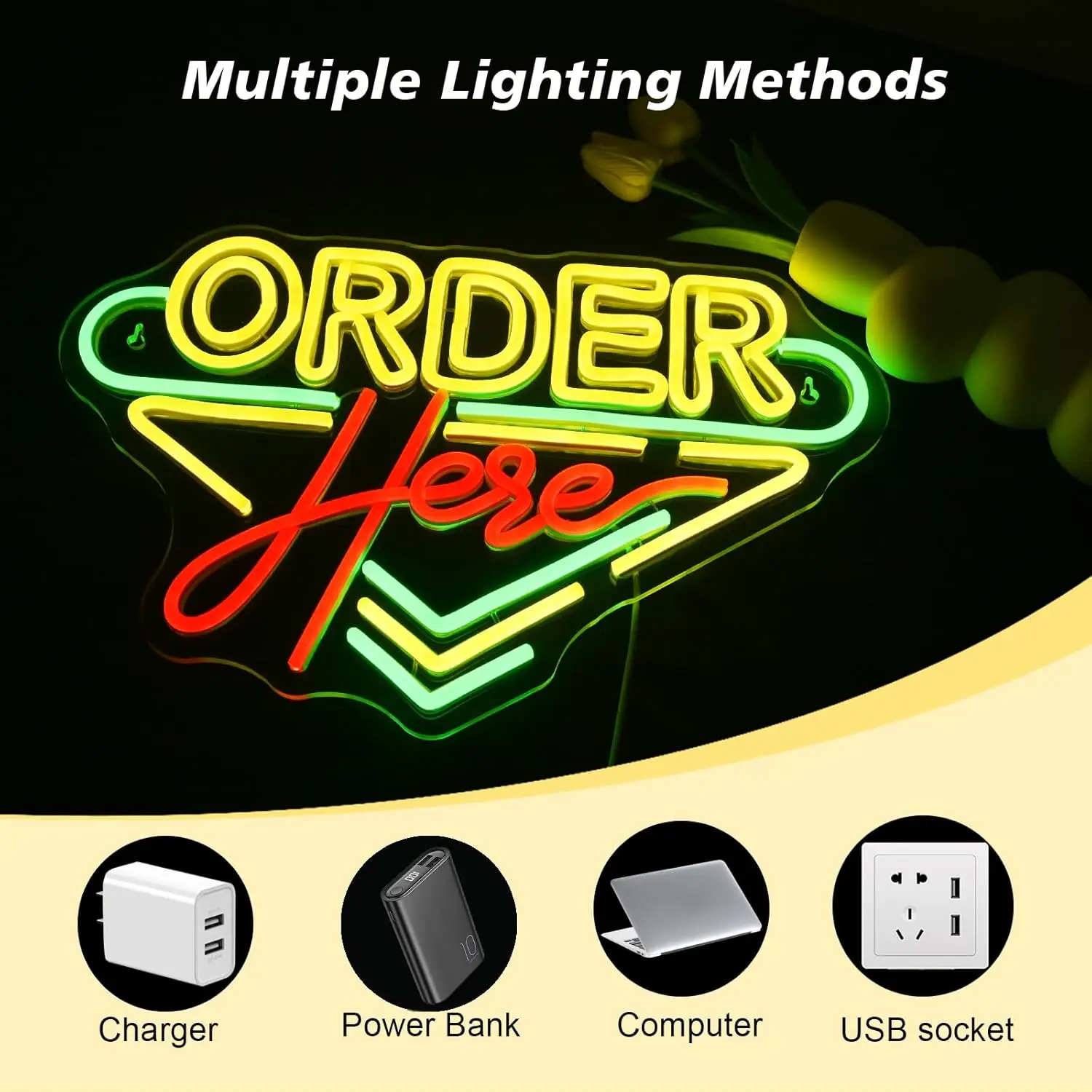 Order Here Neon Sign USB Dimmable Coffee Store Neon Lights Wall Decor for Restaurant Shop Bar Opening Checkstand Business