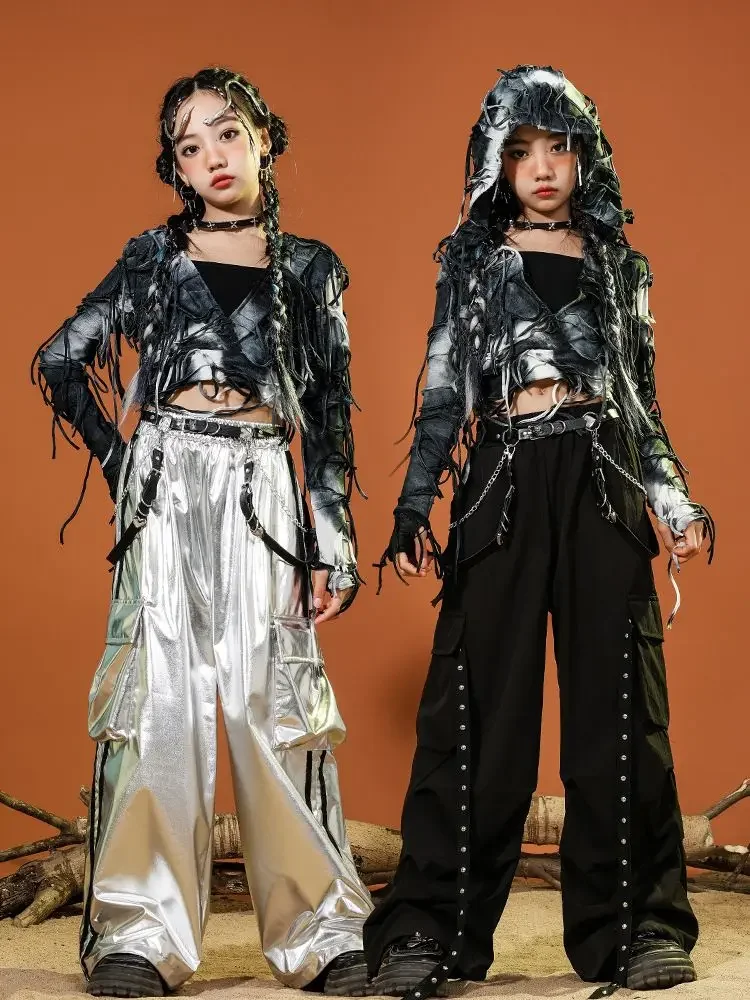 Kids Street Dance Shiny PU Silver Pant Clothes Set Children Wasteland Punk K-pop Costumes Hip Hop Crop Hoodies Cargo Pants