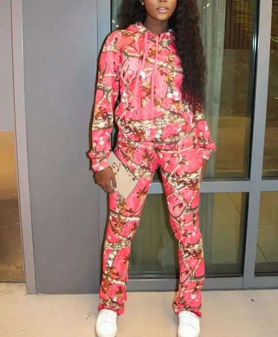 

Autumn and winter tree branch camouflage layered pullover hooded sweatshirt straight tube sports suit women's clothing