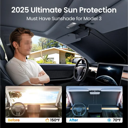 Imagen 2 del producto 2025 para Tesla Model Y Juniper Model 3, parasol para parabrisas de las tierras altas, bloqueo solar, aislamiento térmico plegable, accesorio para sombrilla de coche