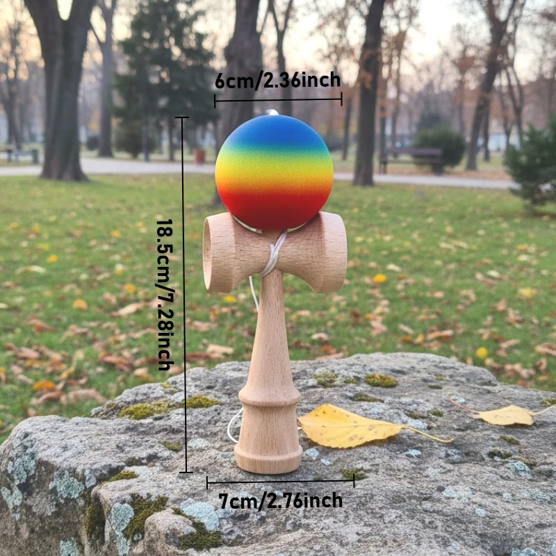 1pc Rainbow Kendama Juggling Ball - Multicolor (Red/Yellow/Green/Brown) with Wood Dowel-Like Stick - Durable Wooden