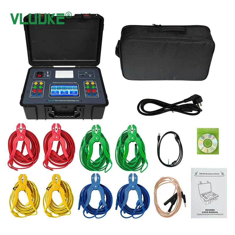 Probador de resistencia CC de tres canales VLUUKE ES3080, rango de 0,1 uΩ-5000Ω, salida de 20A, medidor de voltaje paso de resistividad del suelo a tierra