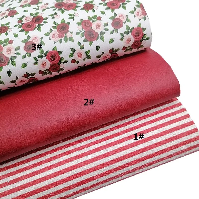 Mixed Red Glitter Leather Sheets Roses Strawberries Printed Synthetic Leather Red Stripes Glitter For Craft Sheet Mini Roll W450