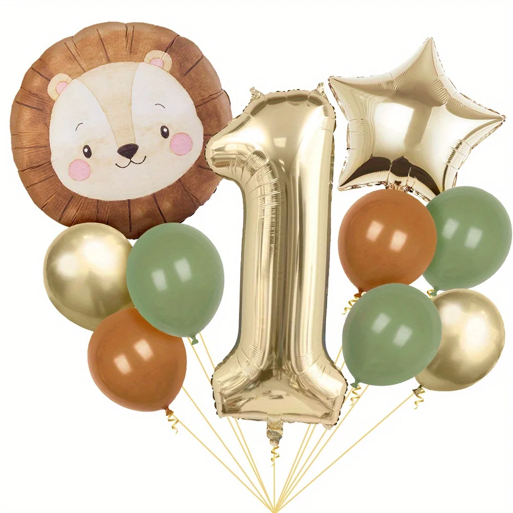 1 Set Cartoon Dschungel-Safari Tierkopf-Ballon Löwe für Geburtstagsparty-Dekoration 40 Zoll Hellgoldene Zahl Dschungel-Party-Deko Geschenke