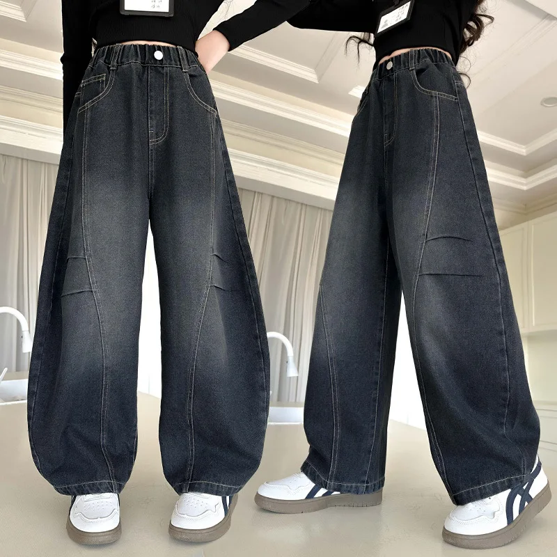 الفتيات المرقعة الجينز 2025 الخريف نمط جديد في سن المراهقة الأطفال فضفاض واسعة الساق الدنيم السراويل ملابس الأطفال #3