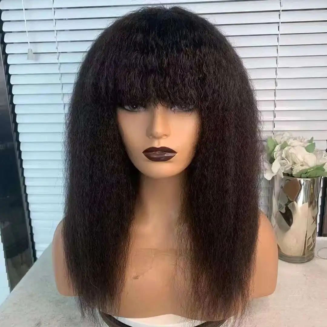 Perucas Afro Kinky Straight com Franja para Mulheres Negras, Cabelo Humano Yaki, Peruca Franja, Itália, Pronto a Vestir