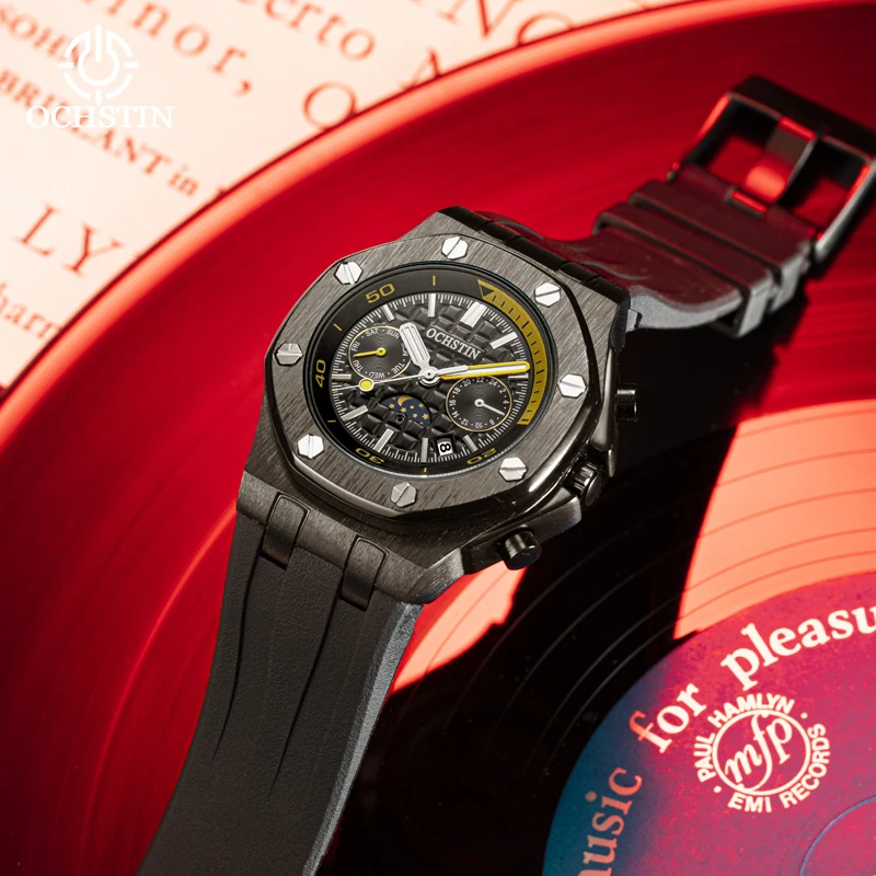 

Многофункциональные механические часы OCHSTIN с резиновым ремешком, водонепроницаемые, мужские, модные, с календарем и фазами Луны