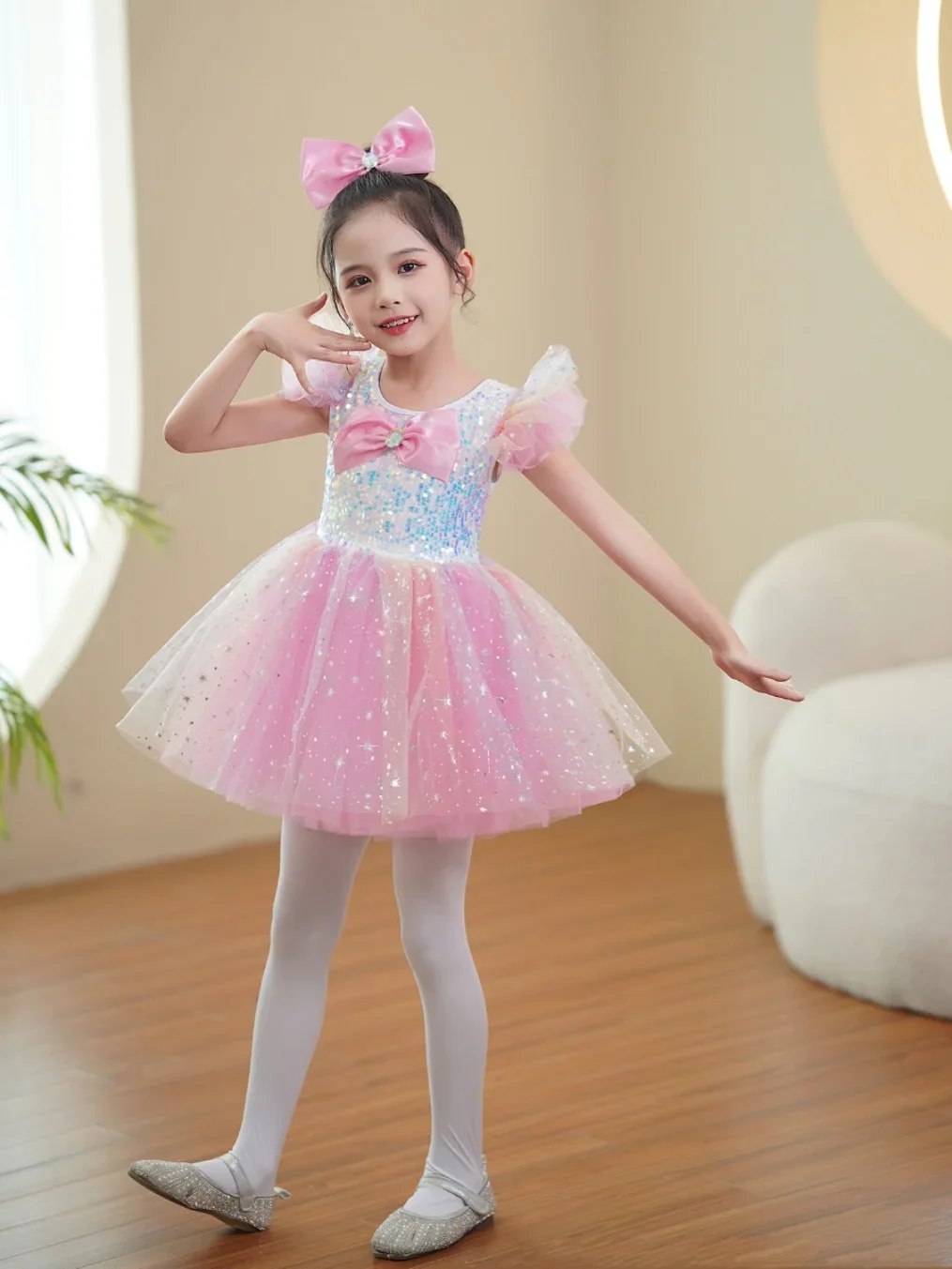 زي رقص للأطفال ، تنورة رقيقة لطيفة للأداء ، تنورة أميرة وردي مطرزة بالترتر للفتيات ، ملابس أداء رياض الأطفال