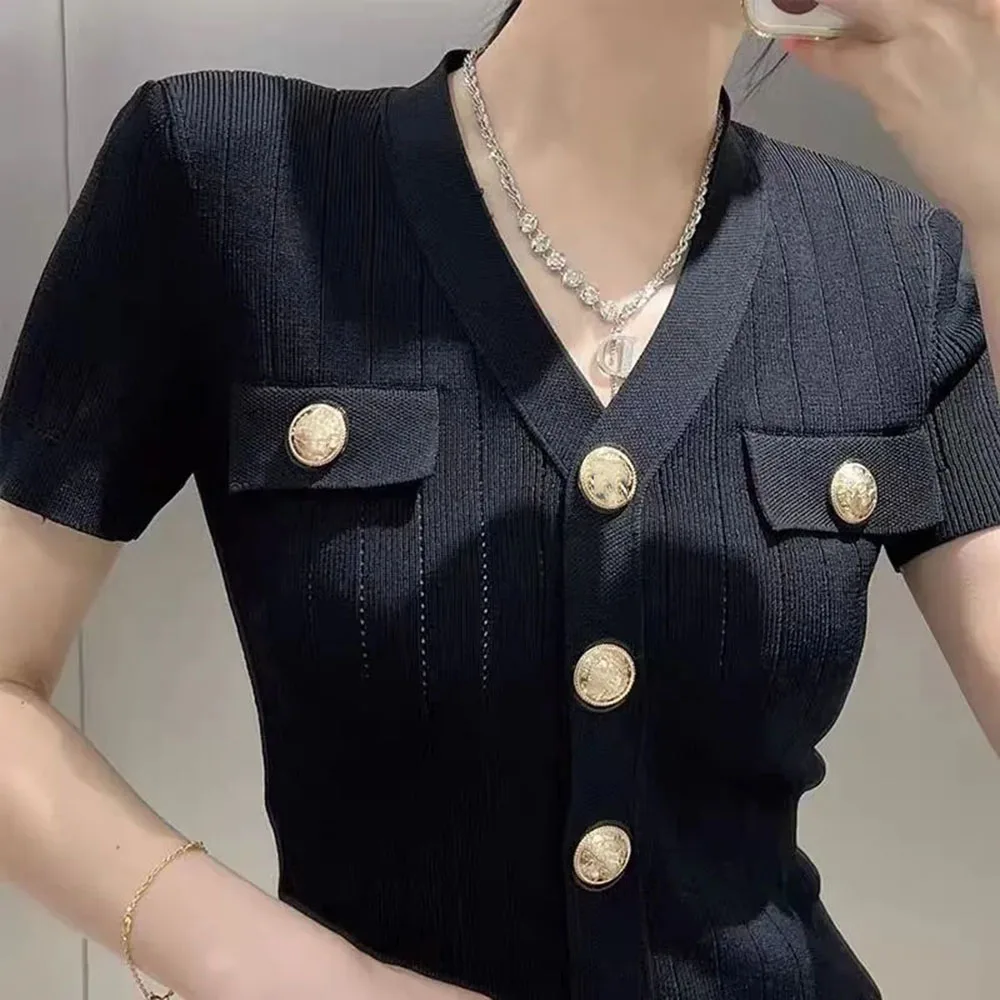2024 Spring Summer New Chic Thin Cardigan Slim Pullovers V-neck Knitted Sweater Jacket Women's Short Sleeve Elastic Female Trend