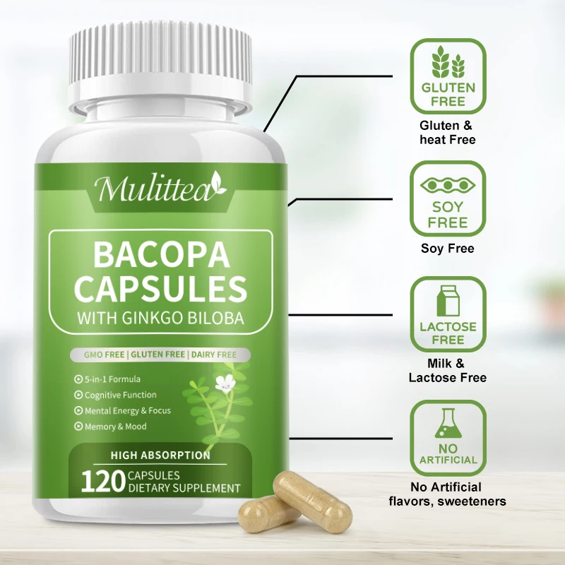 Mulittea Organic Bacopa Monnieri Supplement Supports Calm Cognition Brain Enhance and Increases Memory Focus Energy and Stamina