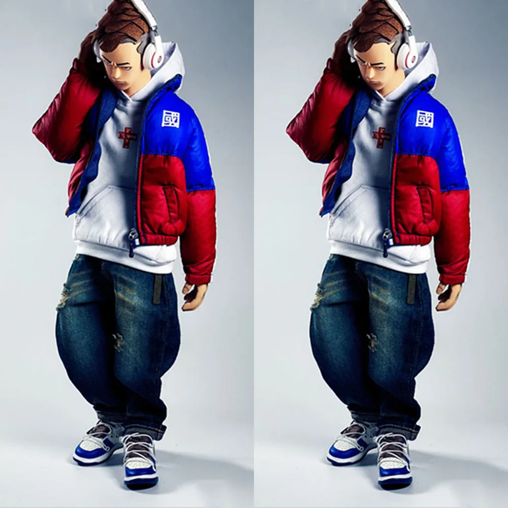 1/6 Men Soldier Pants Hooded Sweatshirt Hip Hop Zip Up Long Sleeve Loose Jacket Coats Fit 12'' Action Figure Model Toys