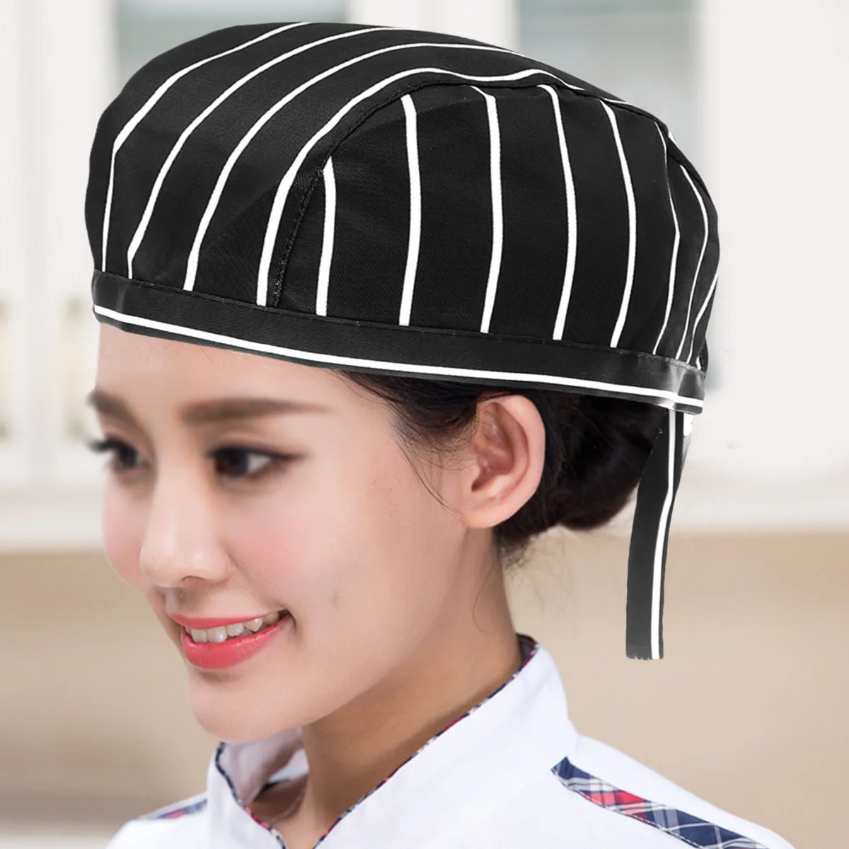 

Black Chef Hat Catering Skull Cap Adjustable Ribbon Soft Comfortable Kitchen Cooking Turban for Men Women