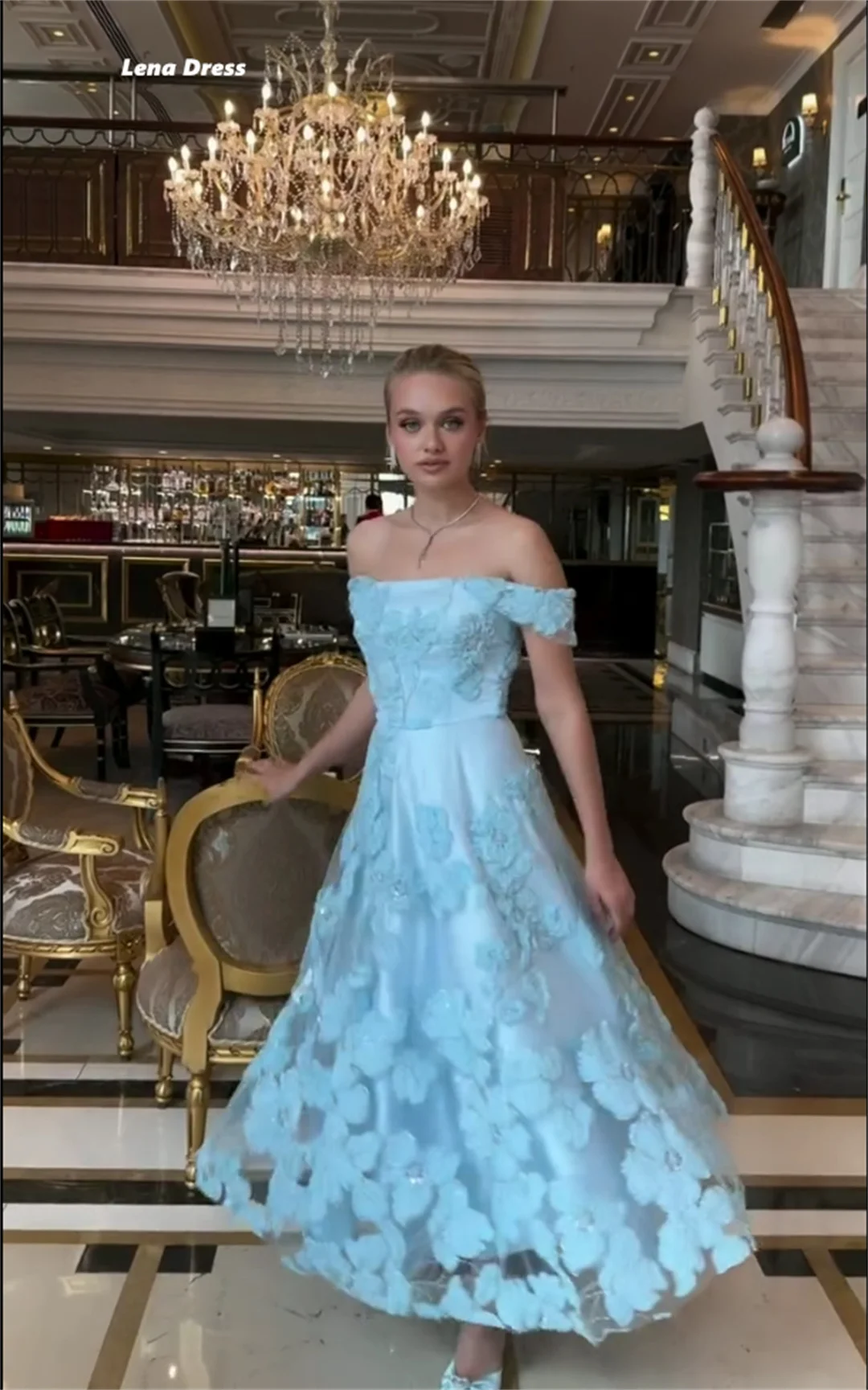Lena Custom Made Ball Gown Dress Sky Blue Robe Soiree Off the Shoulders Luxury Elegant Evening Dresses Line A Flowers Prom 2025