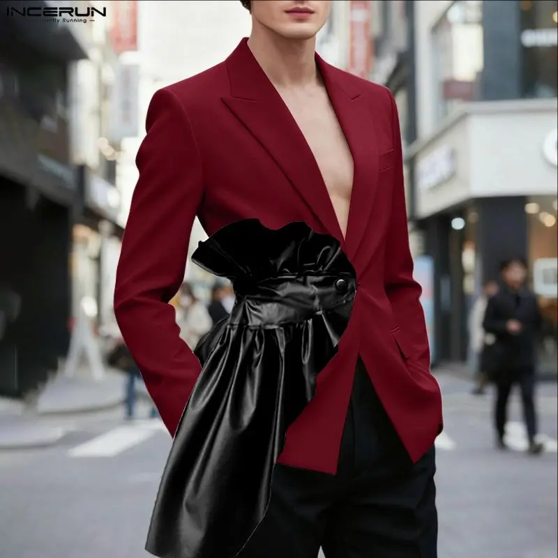 INCERUN Men Blazer Ruffle Patchwork Lapel Long Sleeve Male Suit Streetwear Elegant One Button Fashion Casual Thin Coats Men 2025