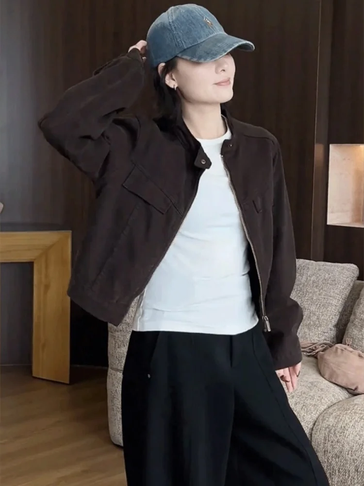 

Cé Brown Stand Collar Jaet Top Denim Women's Small Size Spring Autumn New Design Sense Jaet Commute Sle Loose Fit