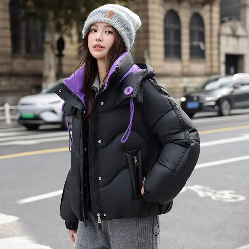 

New Parkas Winter 2025 Outcoat Color-blocking Hooded Cotton-padded Jacket Petite Women Overwear Loose Slimming Warm Trendy Coat