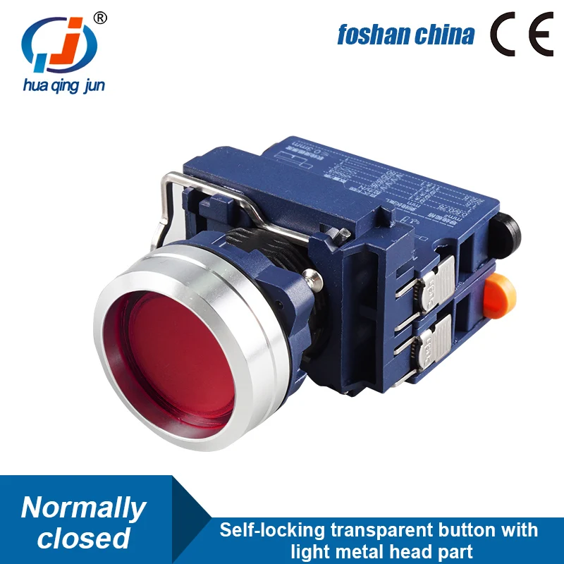 Huaqingjun Transparent Button Red Green Yellow Led Metal Self-locking NC Push Button Switch for Relay