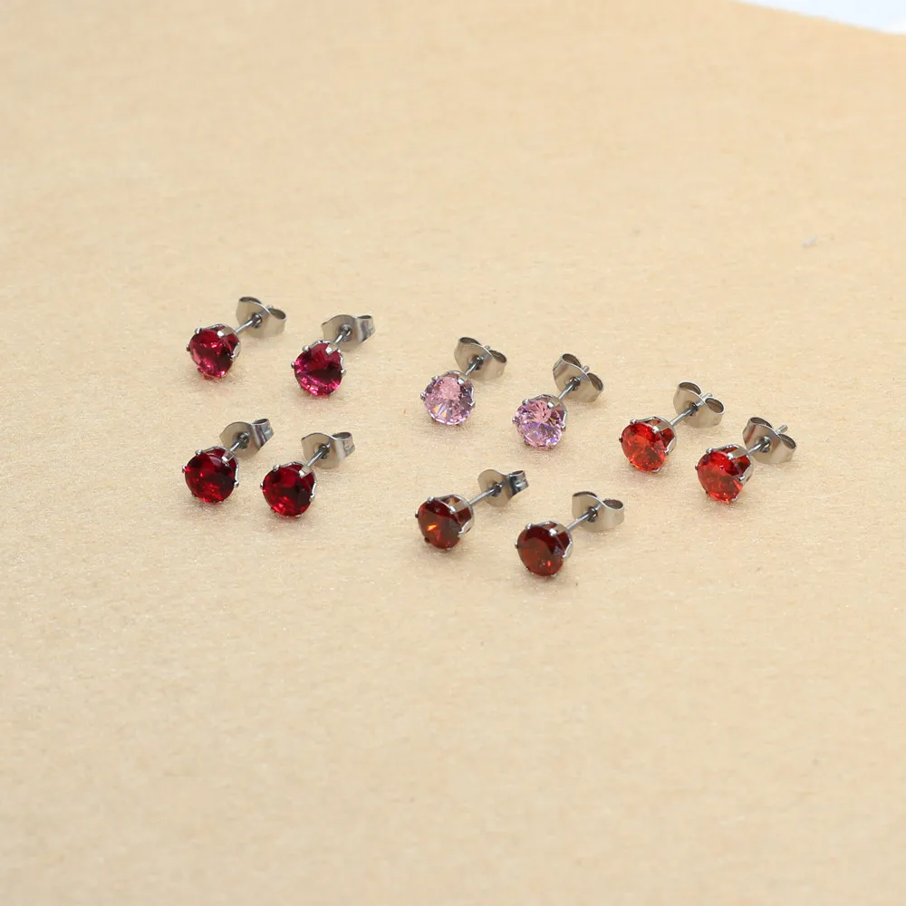 316L Stainless Steel Red Hot Pink Colors 6mm Round Zircon Stud Earrings  No Fade Allergy Free Brief Jewelry