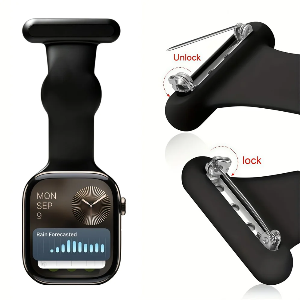 Silicone Nurse Watch Pin Bracelet Sport Brooch Solid Watch Band 38mm-49mm Pocket Watch Design Wristband for Apple Watch 1~11 SE