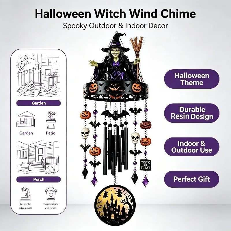 Halloween Wind Chime Weather Proof Ghost & Witch Design Wind Chime Witch-Themed Outdoor Wall Decor Spooky Yard Patio Decorations