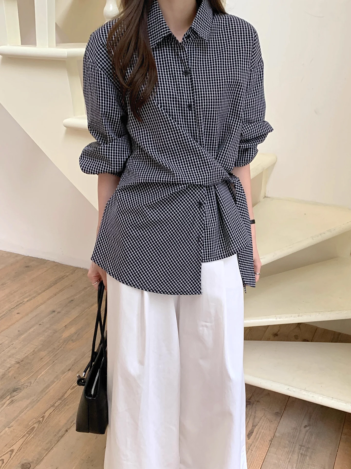 

Ele Plaid Belted Waist Long Sve irt Women's Early Spring New Loose Versatile irt Commute Sle Korean Version Poly...