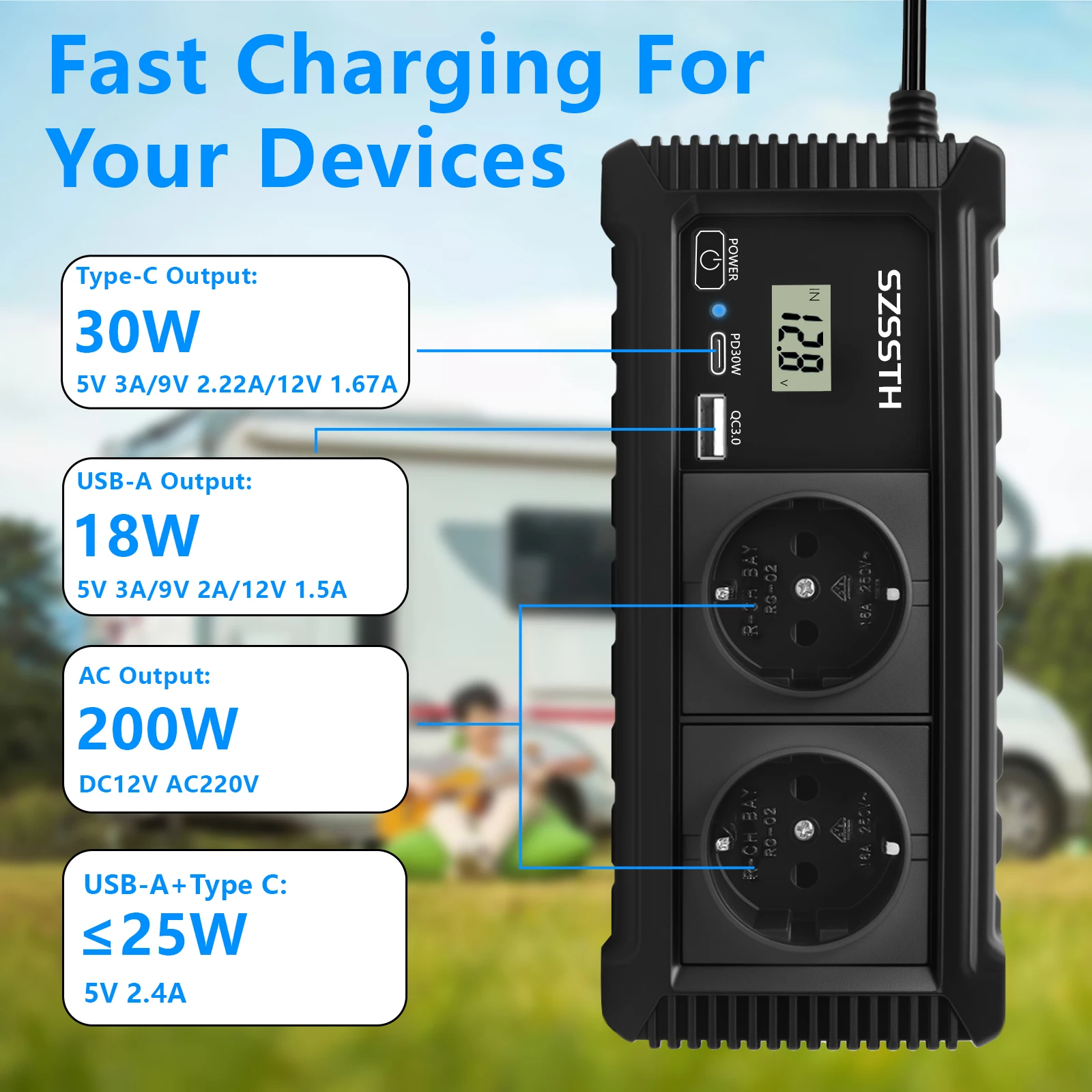 

12V To 220V 200W Multifunctional LCD Display Sockets Power Inverter Car Inverter Adapter USB-A Type-C EU Plug Peak Power 400W