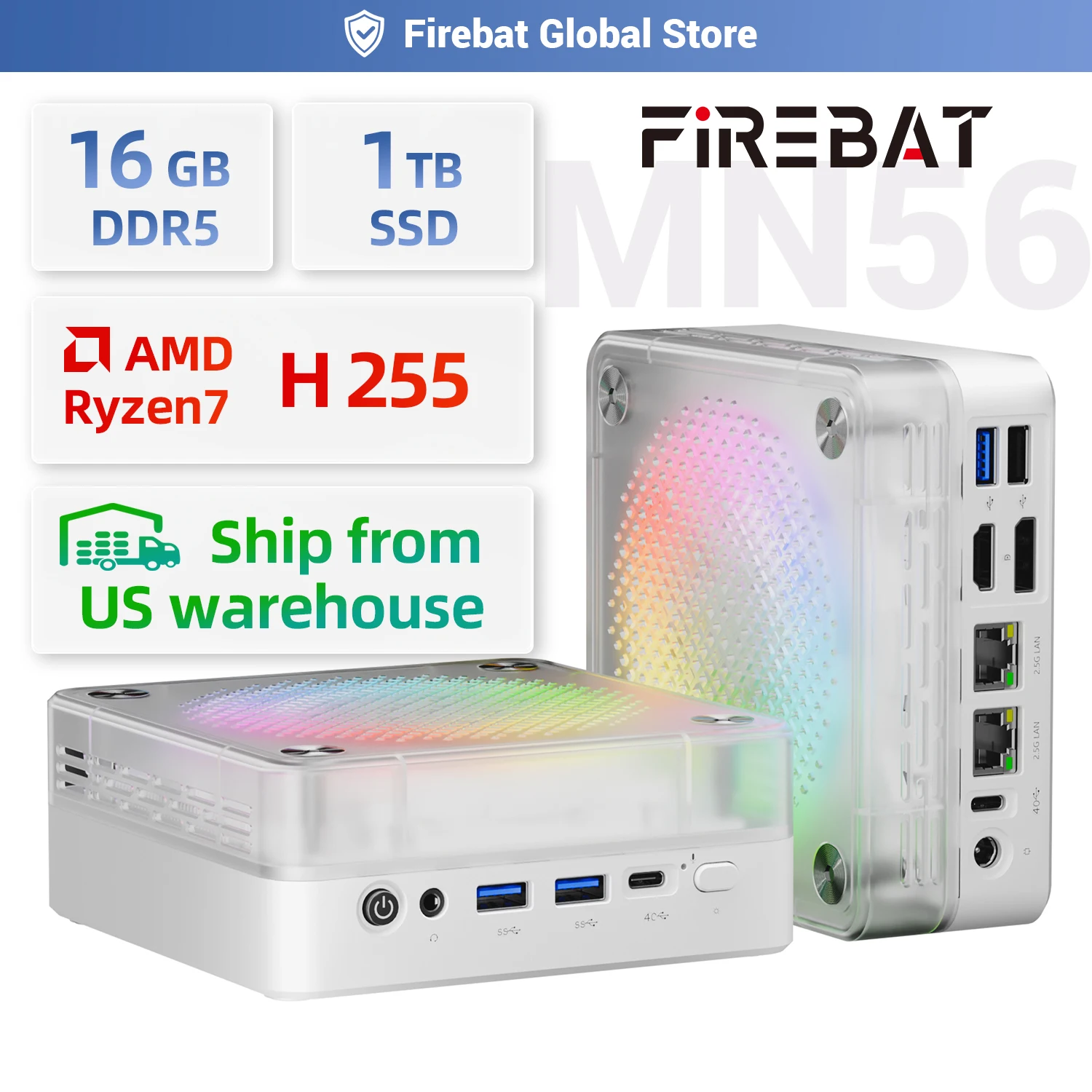 

Игровой настольный ПК FIREBAT MN56 MINIPC с RGB-вентилятором, процессором AMD R7 H 255, USB4, 16 ГБ оперативной памяти DDR5, 1 ТБ встроенной памяти, двумя портами RJ45, BT5.2, WIFI6
