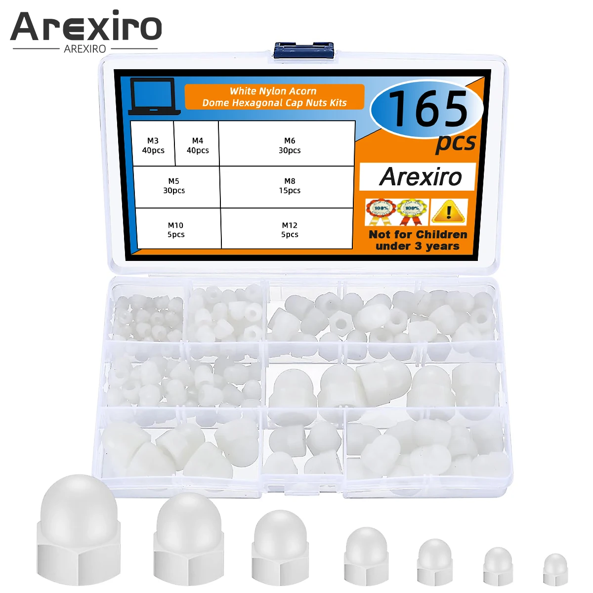 

165Pcs Dome Cap Nuts Nylon Silver Stainless Steel Thread Hex Caps Head Nuts Assortment Kit