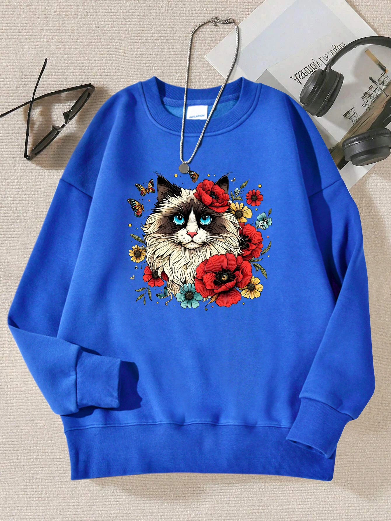 

Colorful Flowers Cats Design Pullovers Women All-Match Autumn Sweatshirts Street Casual Unisex Streetwear Hip Hop Clothes