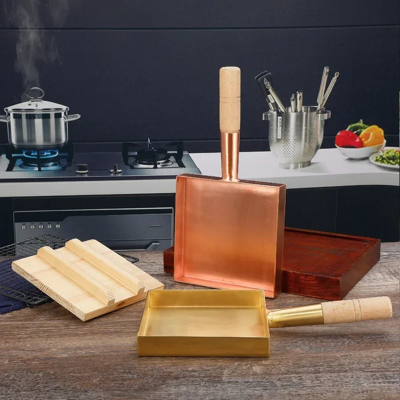 

style cooking square pan with wooden handle made by red copper or brass