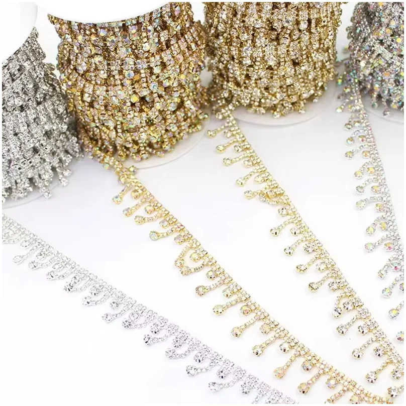 New 1Yard Short tassel pendant with rhinestone border tassel crystal metal chain, used for dresses, bags, shoes and accessories