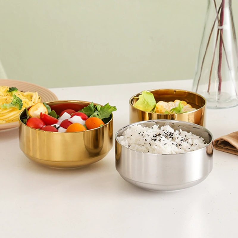 Stainless Steel Double Layer Bowl for Children Anti-Scald Ramen Rice Fruit Bowls Korean Tableware Food Dishes Kitchen Utensils