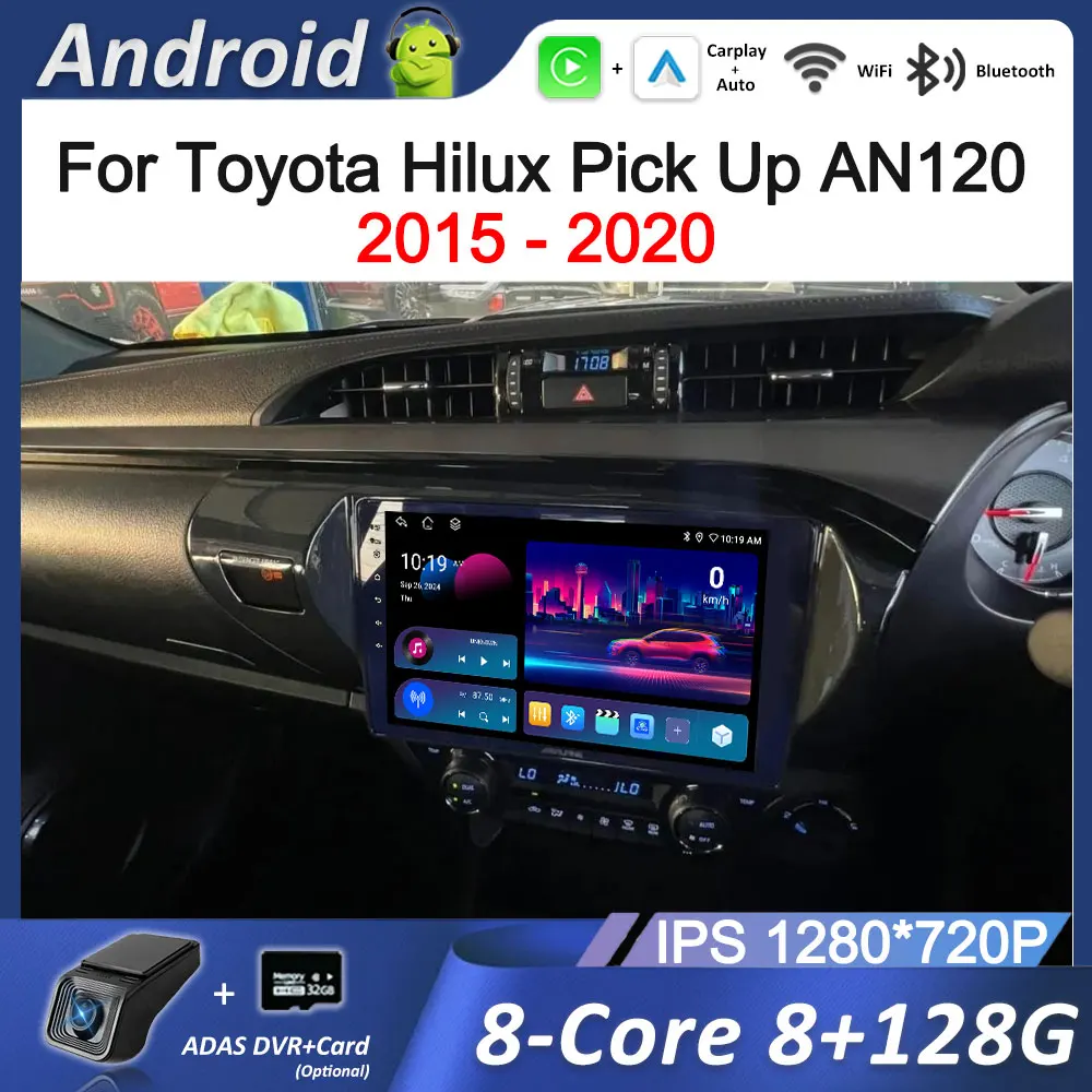 Right Hand Drive 10 inch Car Radio Multimedia Player for Toyota Hilux Pick Up AN120 2015 - 2020 Android Wireless Carplay 4G BT