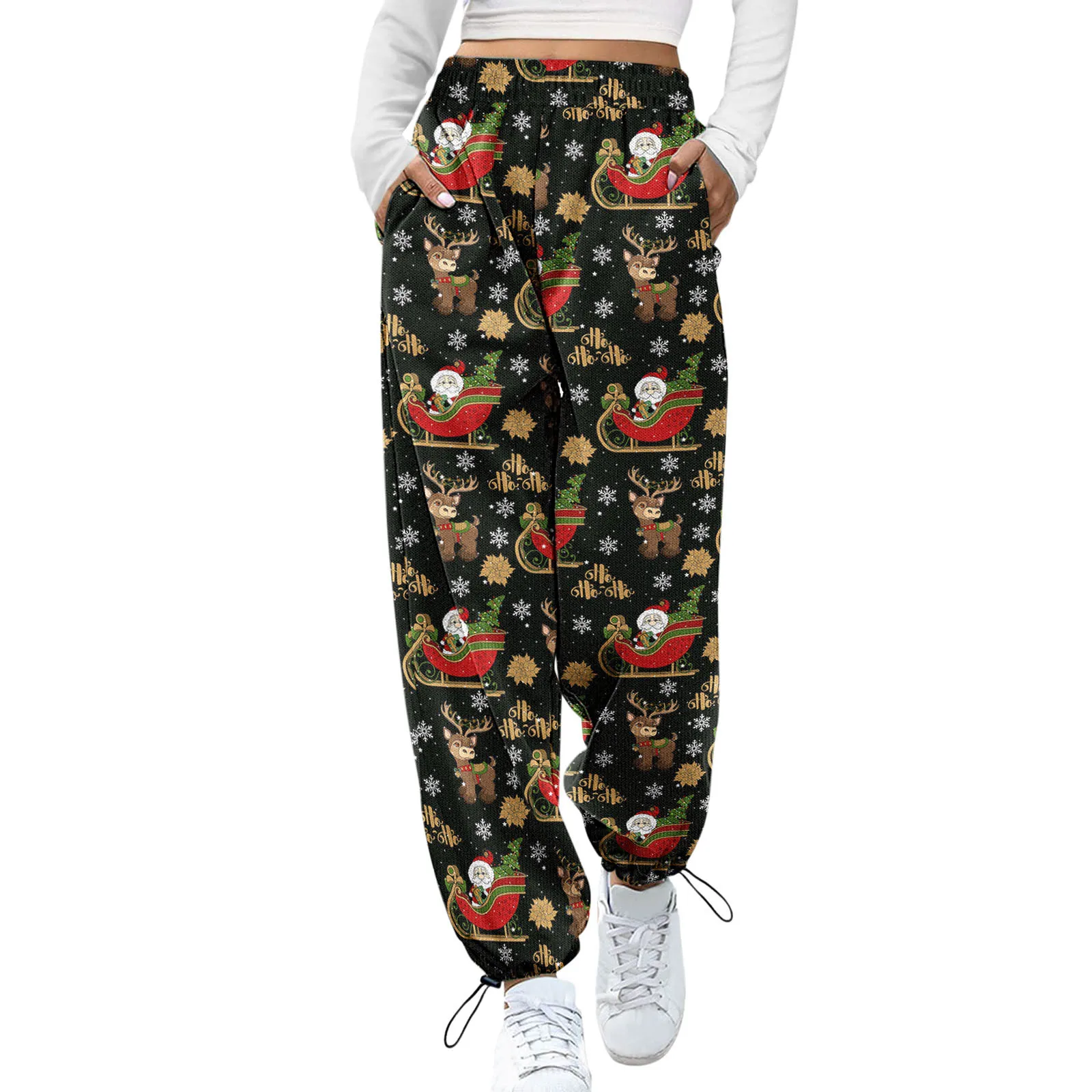 Bequeme Weihnachts hose für Frauen Vantage Santa Claus Print Jogger Bottom Taschen hohe Taille sportliche Jogging hose Weihnachts hose