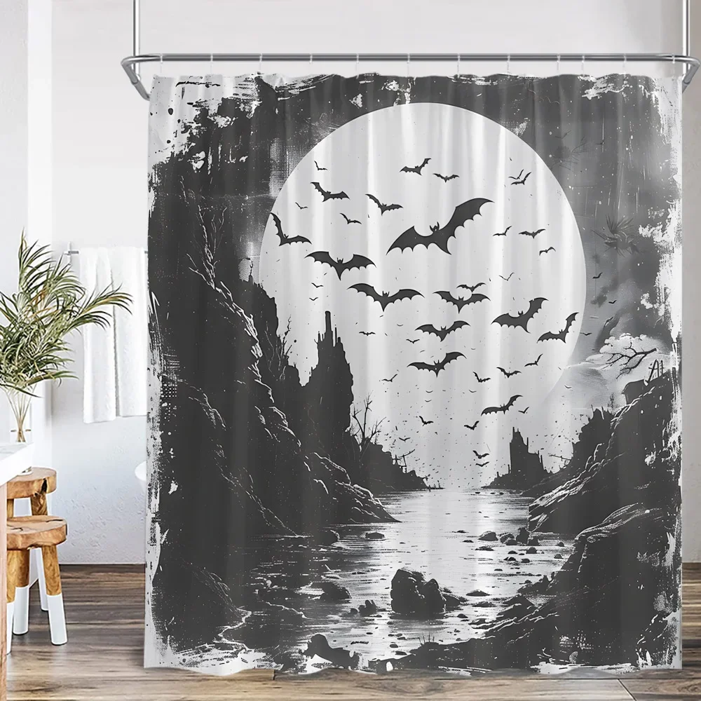 Halloween Scary Night Shower Curtain Full Moon Bat Dead Tree Forest Witch Crow Magic Horror Bathroom Decor Vintage Bath Curtain