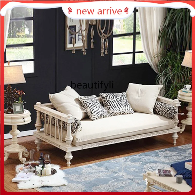 

S132 American French solid wood sofa white hollow carved living room retro low back three-person sofa bed