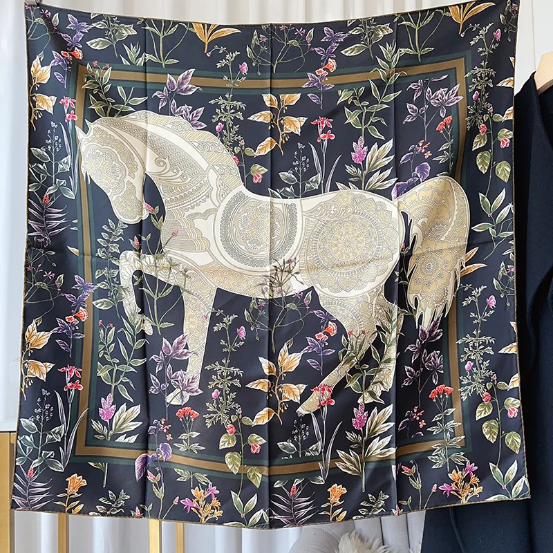 

Horse Print Silk Scarf 90CM Square Hair Bandanas Hand Rolled Edges Scarfs Women Clothing Bag Accessories Christmas Lover Gift