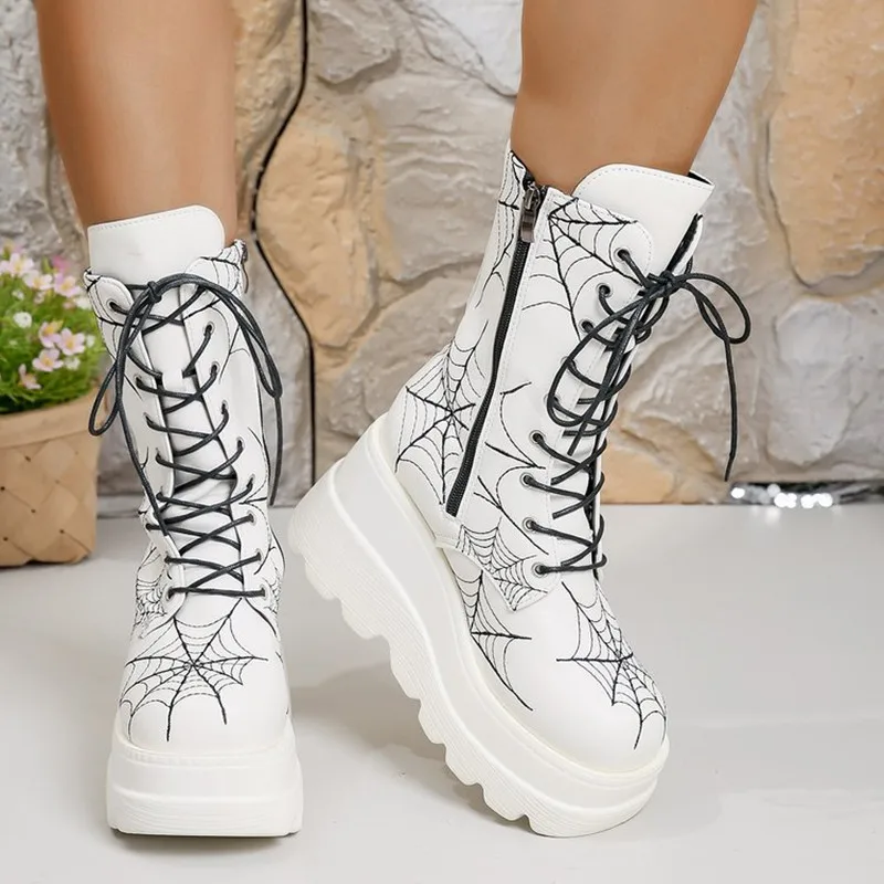 New 2026 Autumn/Winter Luxury Women Boots Comfortable Slope Heel Thick Bottom Spider Web European and American Large Short Boots view 6