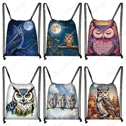 Watercolor Owl Backpacks Cartoon Owl Moon Children Drawstring Bag School Bags Outdoor Shoulder Bag Shoes Holder Storage Bags