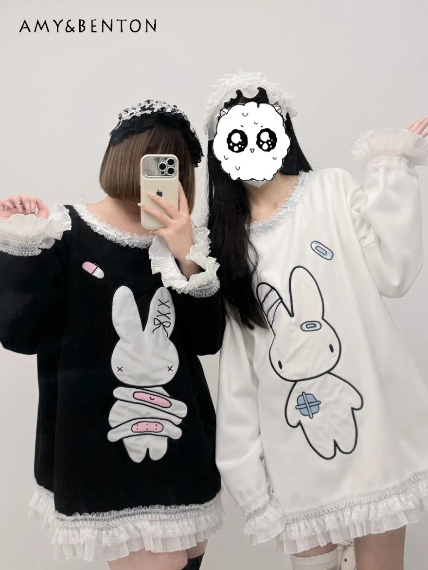 

Spring New Japanese Sweet Cute Cartoon Printed Lace Patchwork Flared Sleeves Hoodies Women Subculture Goth Oversized Midi Hoodie